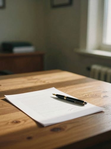 A warm, daylight-filled office interior with a solid oak desk, a fountain pen resting on a signed document, soft window light casting gentle shadows across the room, 35mm photography