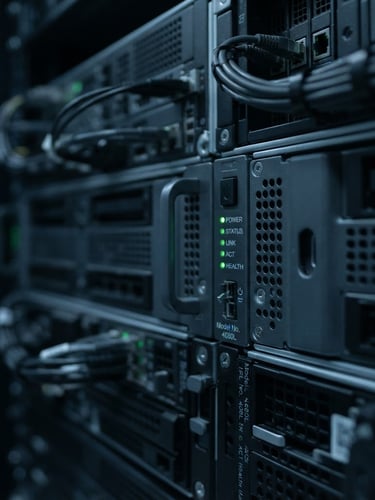 A minimalist technical server rack with subtle emerald green status lights, cool low-key studio lighting, sharp macro focus
