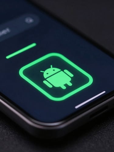 Extreme close-up of a high-fidelity Android device screen displaying sleek custom UI, glowing electric green accents, low-key studio lighting on deep slate glass.