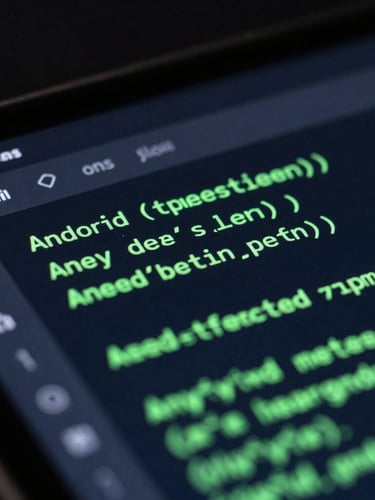 Extreme macro close-up of a high-fidelity Android screen displaying fluid UI transitions and glowing green code syntax, low-key lighting with deep slate accents, professional tech photography.