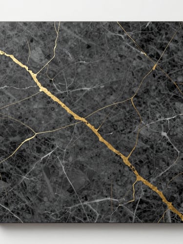 Straight-on flat lay of a premium marble-veined ceramic slab with gold fissures, dramatic side lighting emphasizing tactile texture, architectural gallery presentation