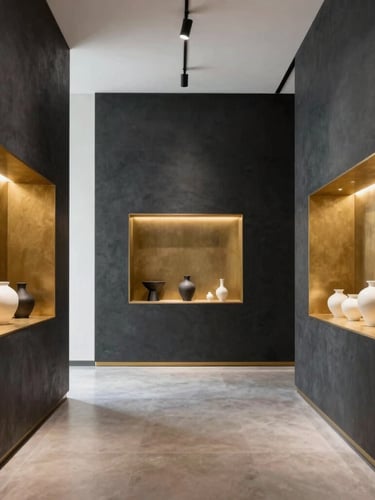 Wide-angle architectural interior of a minimalist ceramic showroom in Hyderabad, stark charcoal walls, soft gold accents, natural light