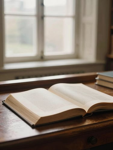 A quiet, atmospheric shot of an open, historic theological volume on a wooden desk in a library, warm soft morning light filtering through a high window, 35mm.