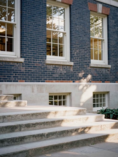 Wide environmental shot of historic brick campus architecture with soft natural window light reflecting off old stone steps, 35mm photography