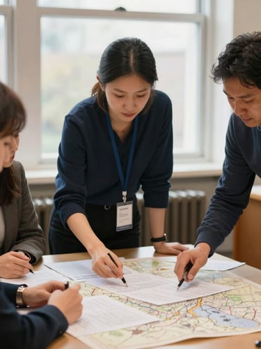 A medium shot of three educators collaborating around a table covered in curriculum drafts and historical maps, soft library window lighting.