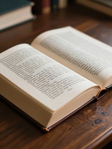 Medium-close shot of a leather-bound theological volume open on a dark oak desk, warm soft library light highlighting the textured paper, shallow depth of field, 35mm