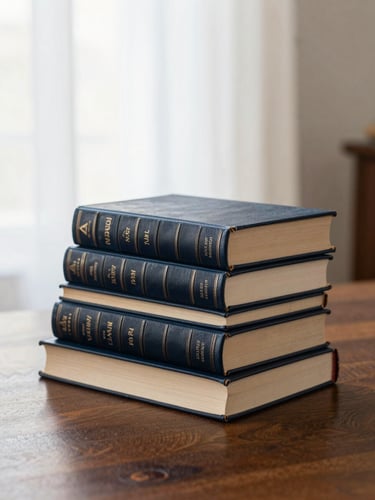 Soft natural library light illuminating a stack of historic leather-bound books on a dark wood table, shallow depth of field, 35mm photography