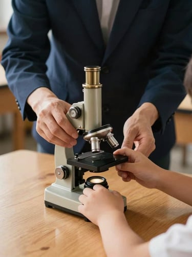 A close-up of a teacher's hands guiding a student's hand over a brass microscope in a sunlit science laboratory, warm wood tables, scholarly atmosphere.