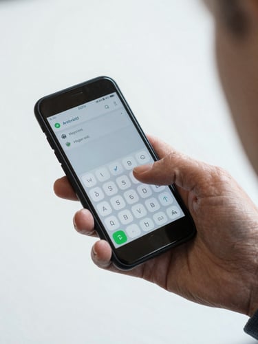 Top-down macro shot of an older adult's hand holding an Android phone, interacting with a high-contrast, large-button interface under bright studio light.