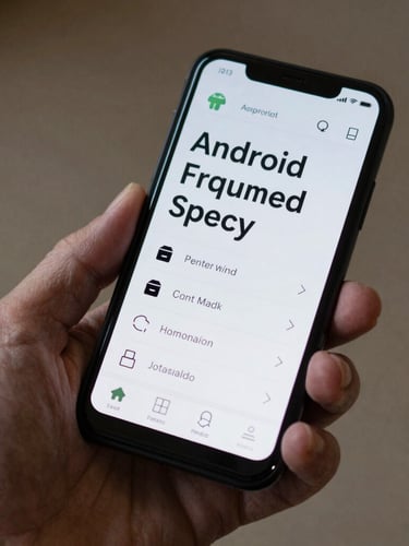 Macro shot of an older adult's hand holding an Android phone, displaying an application with large high-contrast typography and simplified navigation elements, soft shadows.