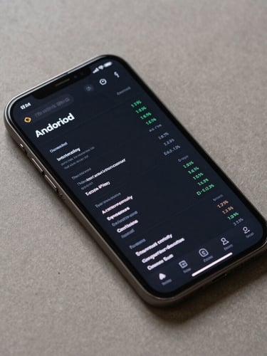 Tight flat-lay composition of a modern Android smartphone displaying a dark-mode productivity app with clean, dense data visualizations, neutral studio lighting.