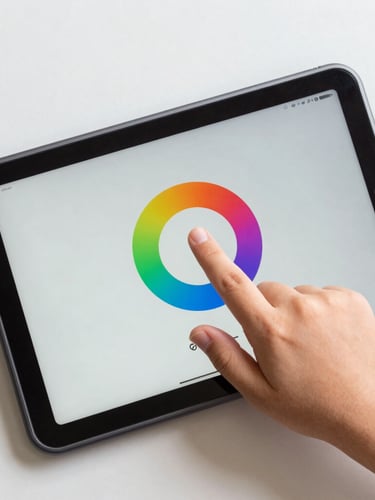 Top-down macro shot of a child's hand tapping a large, colorful, circular button on an Android tablet screen, bright neutral studio lighting.