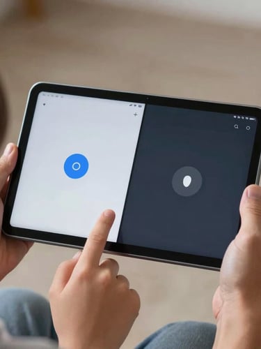 Tight top-down macro shot of a child's hand and an older adult's hand holding an Android tablet together, showing a high-contrast split-screen interface with large tap targets, neutral studio lighting.