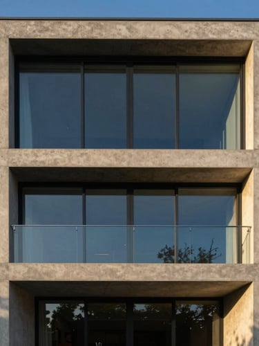 Elegant architectural photography of a modern concrete and glass residence facade, warm golden hour light, deep blue and sand tones, medium format editorial composition