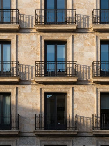 Elegant contemporary apartment balcony in Madrid, classic stone facade with modern glass doors, warm late afternoon sun casting long shadows, medium format photography