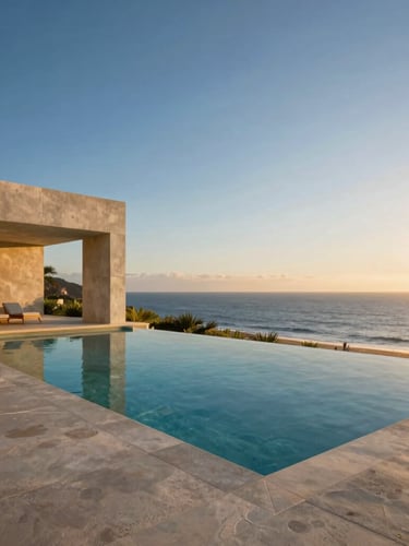 Elegant architectural photography, warm golden hour light, minimalist concrete and glass infinity pool overlooking the ocean in Riviera Nayarit, medium format, editorial composition.