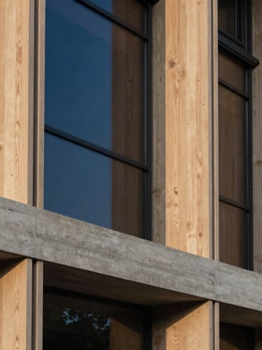 Detail shot of premium natural wood and concrete architecture, soft afternoon shadows, elegant editorial framing
