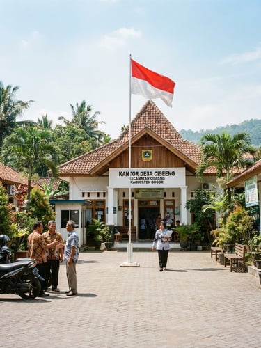 Bright daylight photo of Ciseeng village office courtyard, clean environment, Indonesian national flag waving, professional documentary photography, 35mm