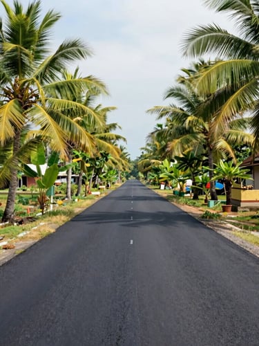 Bright natural daylight shot of a newly paved asphalt road in an Indonesian village, lush green coconut trees on the sides, clean composition, 35mm