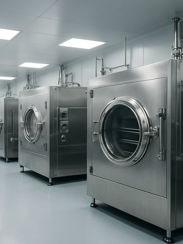 Wide shot of a GMP lyophilization production line interior, automated stainless-steel freeze-drying chambers in a clean room, cool white fluorescent overhead lighting, no personnel visible, sterile and precise industrial environment