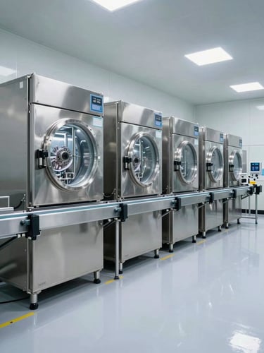Wide environmental shot of a GMP lyophilization production line, stainless steel freeze-dryer chambers in a row, polished white epoxy floor reflecting ceiling lights, automated conveyor at mid-frame, cool shadowless clean-room lighting, no personnel