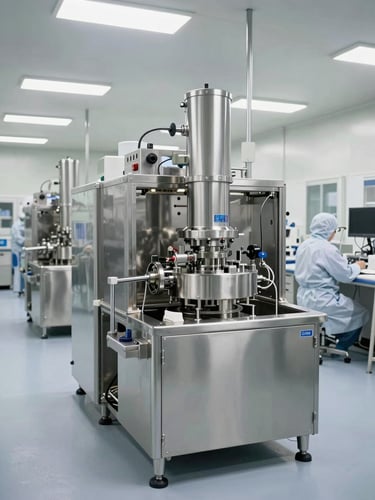 Wide-angle interior of a GMP-certified lyophilization production floor, automated stainless-steel processing lines receding into the background, cool even overhead fluorescent lighting, clean-room gowns visible at workstations, no people's faces, precise clinical atmosphere