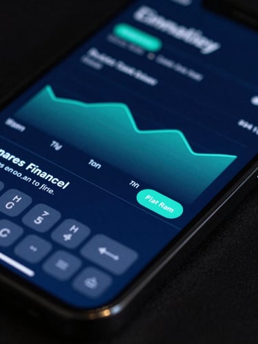 Smartphone displaying a financial app with a green line graph showing stock market trends and investment data.