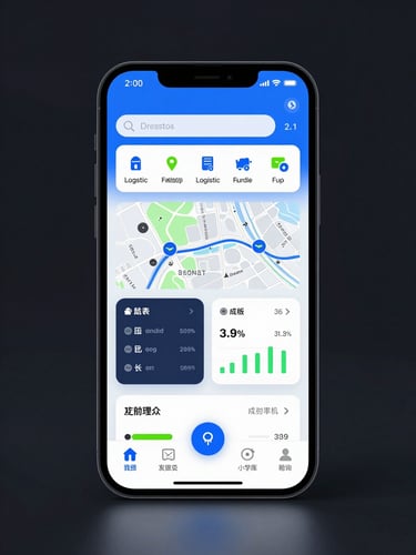High-fidelity Android device mockup showing a complex logistics management app, multiple data points, maps, and real-time tracking, cool studio lighting, electric blue accents, dark low-key background.