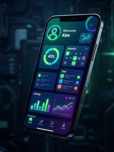 Sleek Android phone mockup displaying a vibrant, user-friendly app interface, foregrounded against a dark, low-key background with subtle neon green ambient lighting, sharp focus, 35mm, bleeding to the right edge.