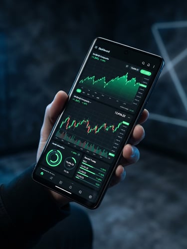 Sleek high-fidelity Android device mockup displaying a dark-themed financial dashboard with vibrant green charts, set against a dark low-key studio background with subtle blue neon ambient light, sharp focus, 35mm