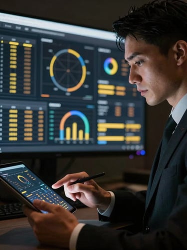 Sleek portrait of a professional hotelier analyzing real-time data charts on a tablet, dark ambient screen glow reflecting on face, sharp focus, premium tech aesthetic.