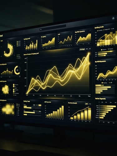 Sleek dark UI mockup of a hotel revenue management dashboard on a screen, glowing yellow data lines, high-contrast black background, sharp focus, 35mm
