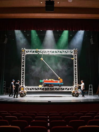 Wide environmental shot of an empty theater stage during morning setup, a massive aluminum truss structure being raised by technicians, dramatic shafts of sunlight cutting through the dust, 35mm