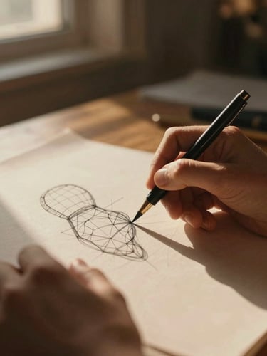 An intimate close-up of hands sketching a wireframe on textured paper, warm side-lighting, soft focus, rich earth tones, cinematic shadows.