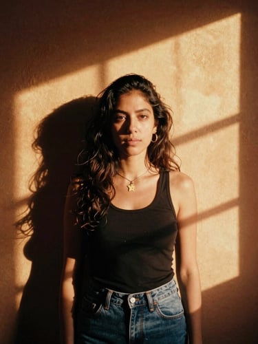 Cinematic environmental portrait of Juana Camila in her sunlit studio, warm golden-hour window light casting dramatic shadows on a terracotta wall, 35mm film grain.