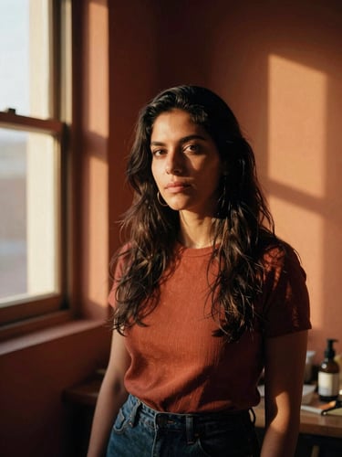 Juana Camila Barragán environmental portrait in her warm studio, dramatic side-lighting from a golden-hour window, rich terracotta tones, 35mm film grain
