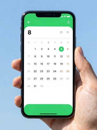 Close-up of a hand holding an Android phone displaying a clean green-accented calendar interface, crisp studio daylight, subtle screen glow, 35mm