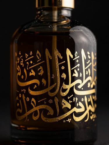 Close-up macro shot of a heavy, dark glass Arabic perfume bottle with intricate gold calligraphy, reflecting dramatic golden light against a deep black background, rich texture, chiaroscuro studio lighting, 85mm lens