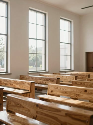 Bright, modern church interior in Mexico, natural sunlight streaming through high windows, minimalist design with light wood benches, peaceful atmosphere.