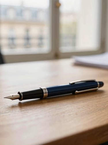 Close-up of fine stationery and a fountain pen on a warm wooden desk in a bright Parisian office, soft window light, shallow depth of field