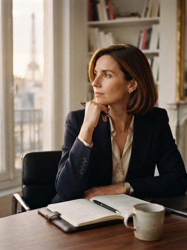 Thoughtful portrait of a female executive strategist in a quiet, high-end Parisian office, warm window light, shallow depth of field, 35mm