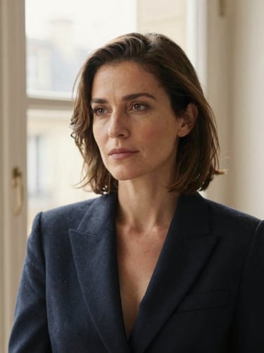 Thoughtful portrait of a female strategist, close-up, soft natural daylight from a Parisian window, minimalist background, warm champagne tones, shallow depth of field