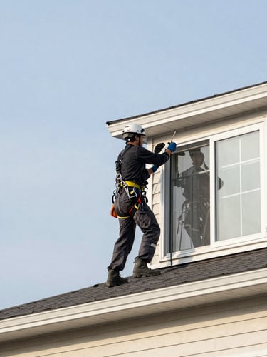 Professional window cleaner in neat safety gear and harness working on a residential roofline against a clear Ottawa sky, bright natural light