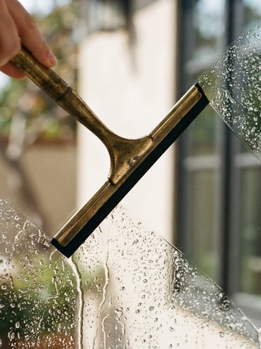Close-up of a brass squeegee pulling water cleanly off glass, crisp reflections, bright natural daylight, warm ivory tones, 35mm lens