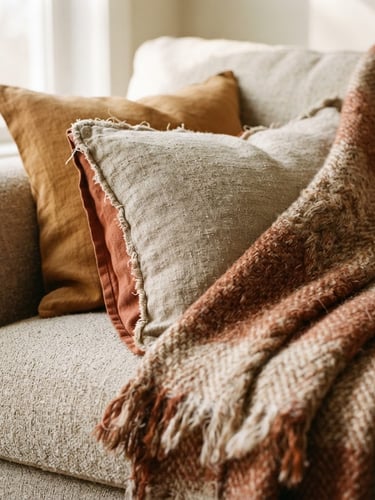 Close-up macro shot of layered linen pillow covers and a draped wool blanket on a textured sofa, soft diffused morning daylight casting gentle shadows, showing rich textile weaves and raw fabric edges, warm oatmeal and terracotta tones, shallow depth of field, 35mm photography.