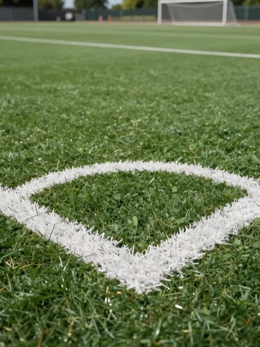 Low-angle close-up of crisp, freshly painted white sports lines on a perfectly manicured green school field, bright overcast British daylight