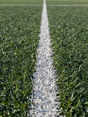 Low-angle detail shot of a crisp, perfectly straight white chalk line on deep green school turf, morning dew glistening on the grass blades, bright daylight.