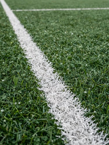 Low-angle detail shot of a crisp, freshly painted white line on vibrant green school turf, morning dew visible, sharp focus on the chalk-white boundary.