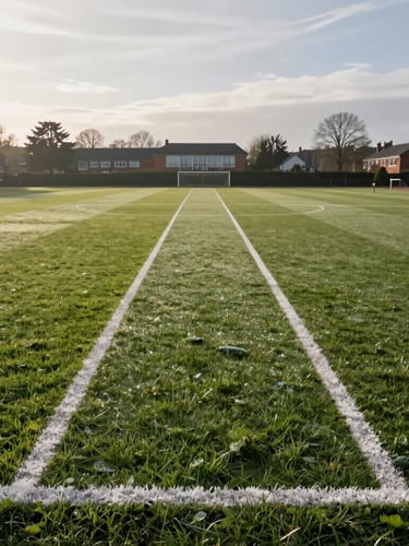 Wide environmental shot of a perfectly manicured school sports field in Bicester, crisp morning light with dew on the grass, bright white freshly painted running track lines stretching into the distance, overcast sky.