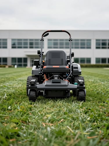 Low-angle close-up of a commercial ride-on mower cutting clean lines on a vast corporate lawn, bright overcast daylight